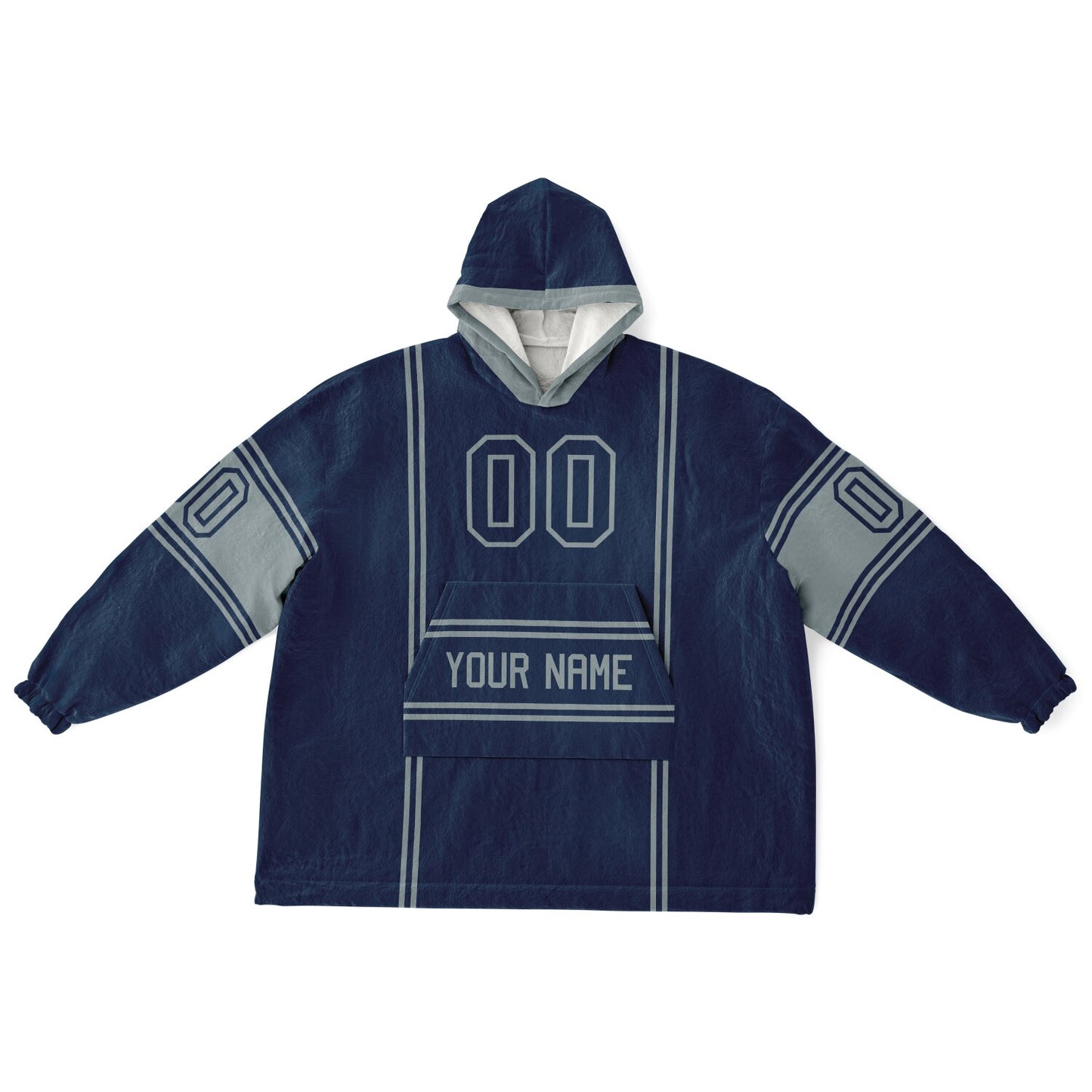 Navy and silver lineup snug hoodie featuring sleek line-art details and minimalist team-inspired design.