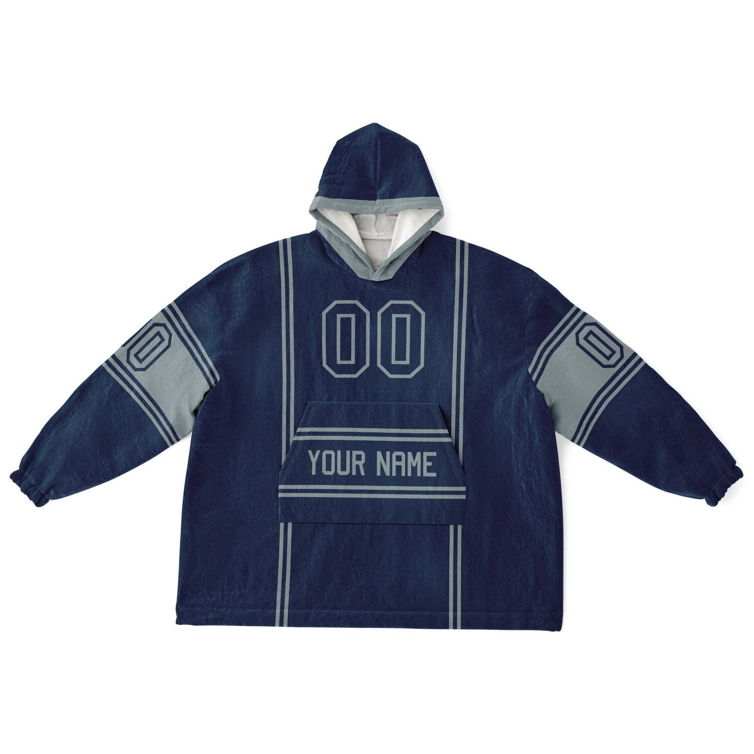 Navy and silver lineup snug hoodie featuring sleek line-art details and minimalist team-inspired design.