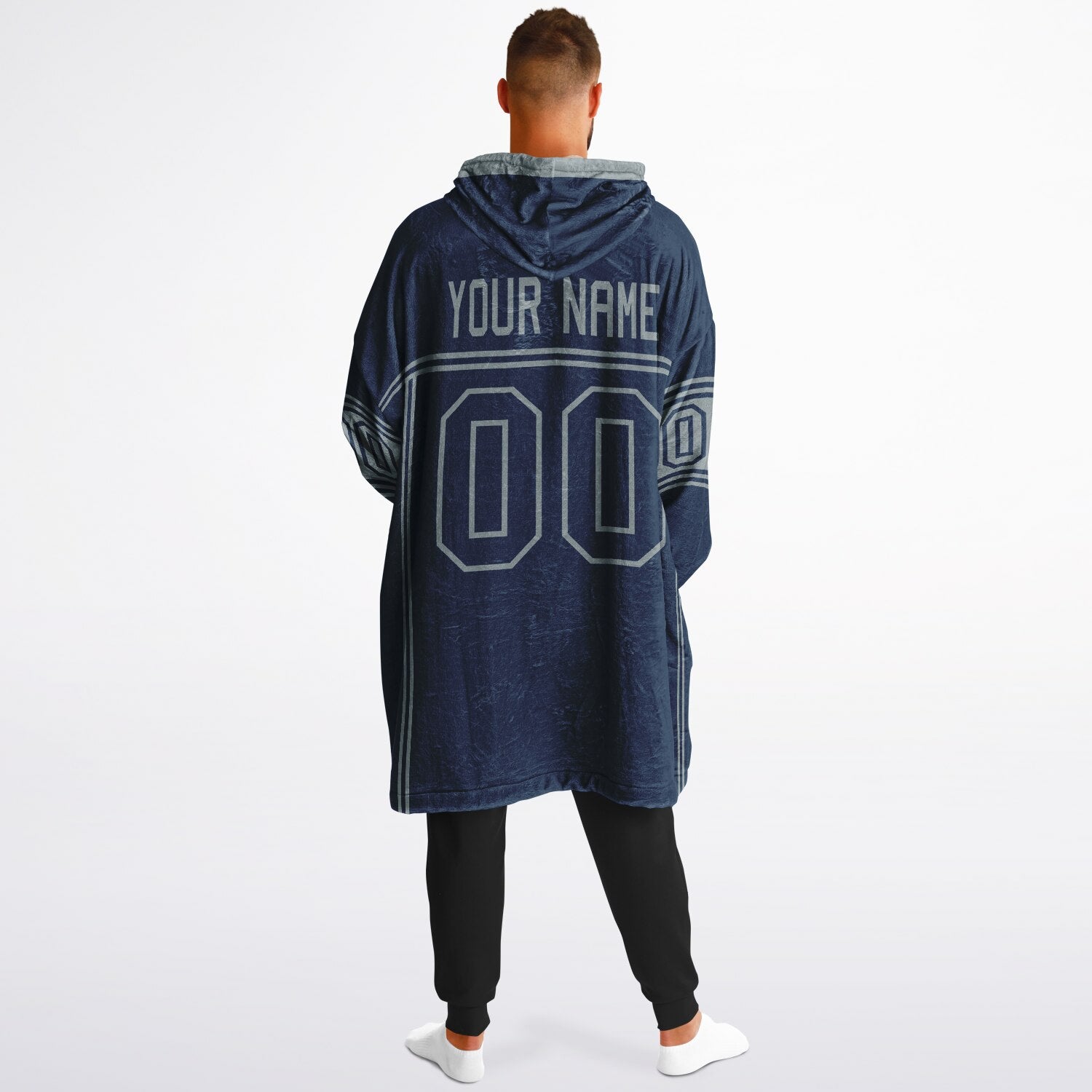Navy and silver lineup snug hoodie featuring sleek line-art details and minimalist team-inspired design.