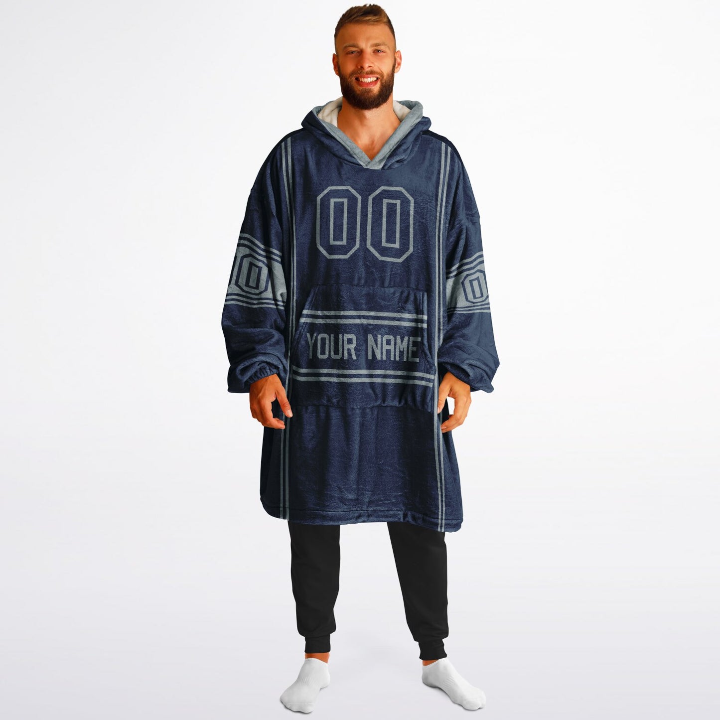 Navy and silver lineup snug hoodie featuring sleek line-art details and minimalist team-inspired design.