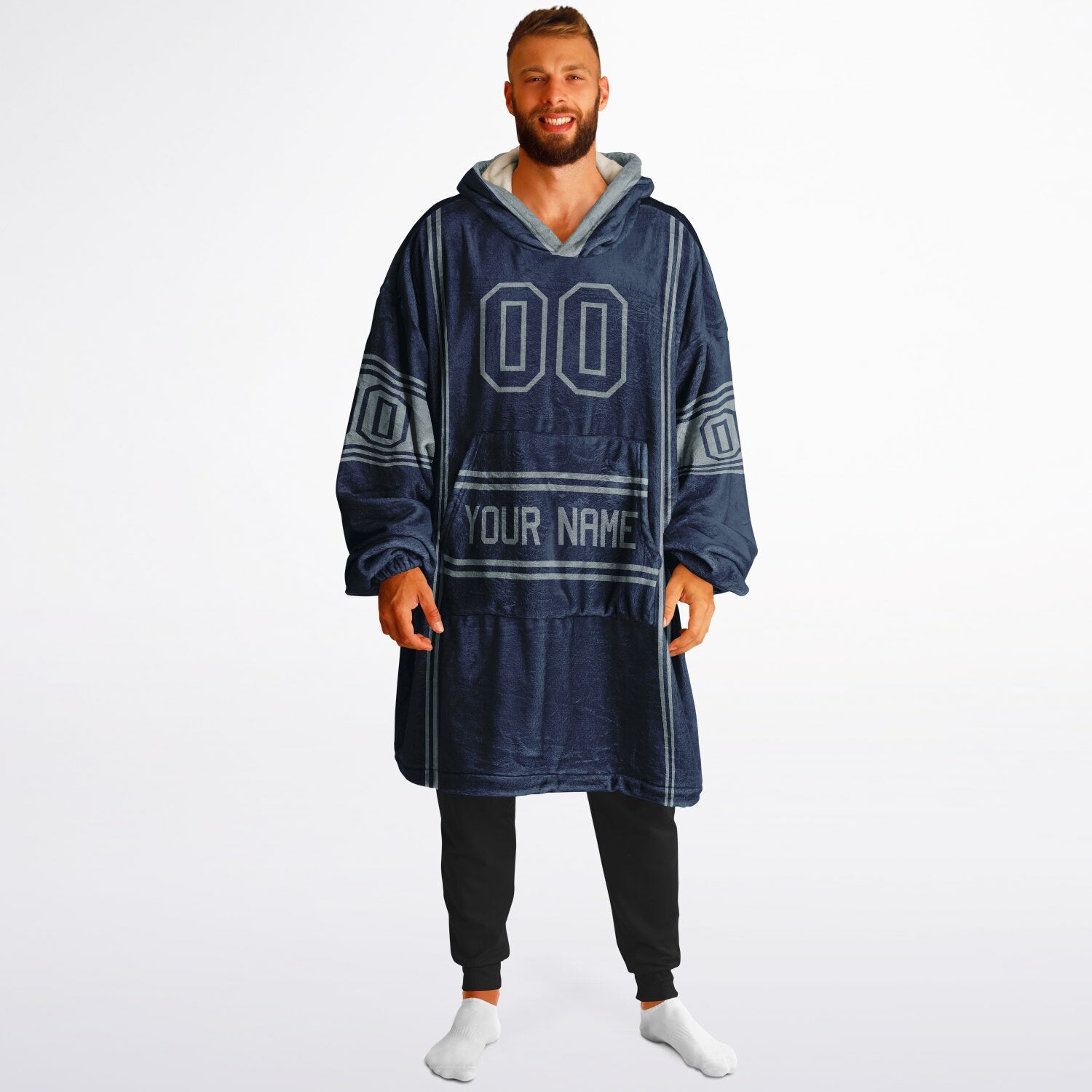 Navy and silver lineup snug hoodie featuring sleek line-art details and minimalist team-inspired design.