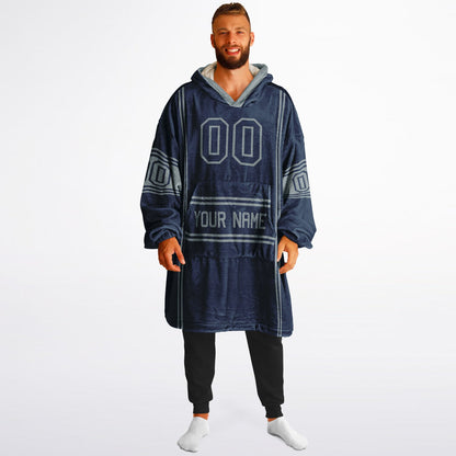 Navy and silver lineup snug hoodie featuring sleek line-art details and minimalist team-inspired design.