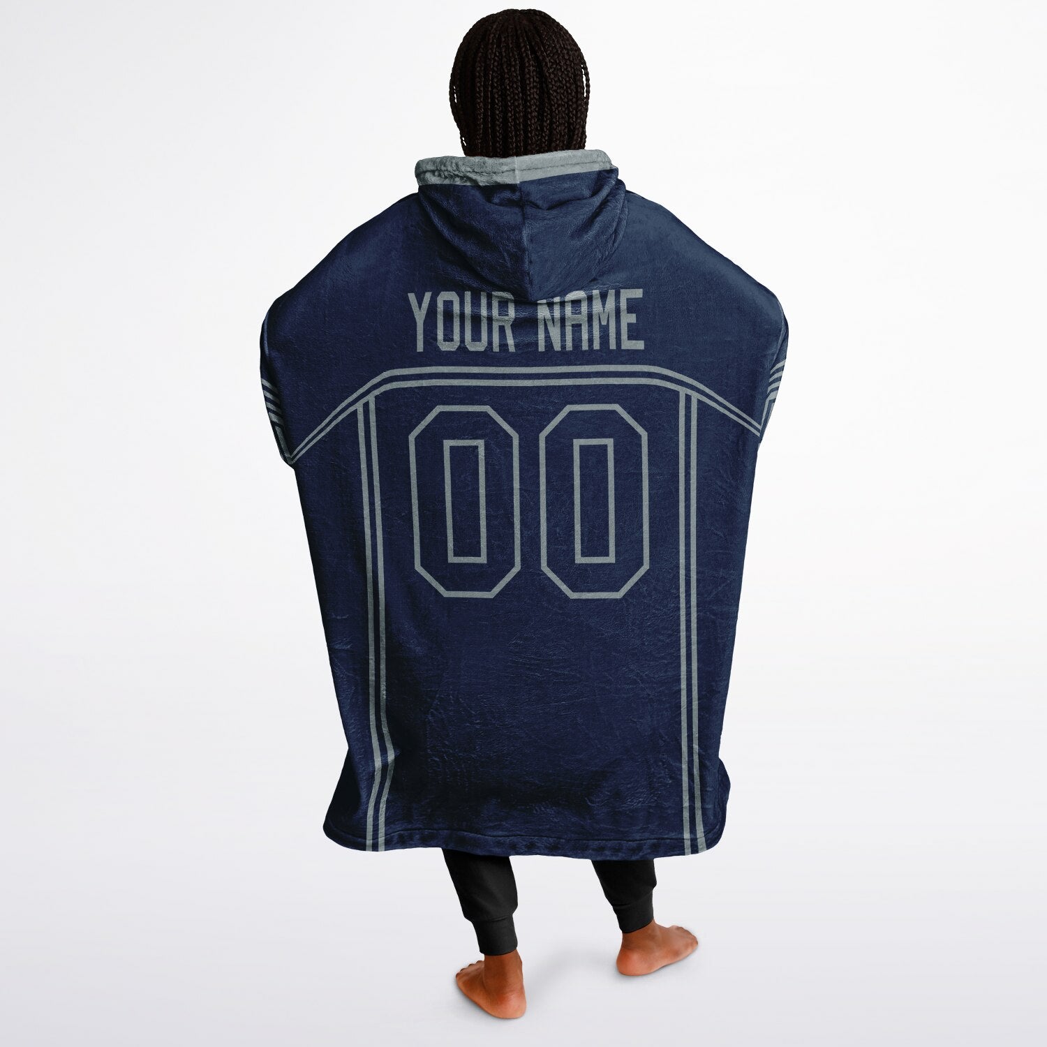 Navy and silver lineup snug hoodie featuring sleek line-art details and minimalist team-inspired design.