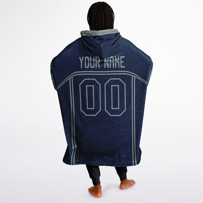 Navy and silver lineup snug hoodie featuring sleek line-art details and minimalist team-inspired design.