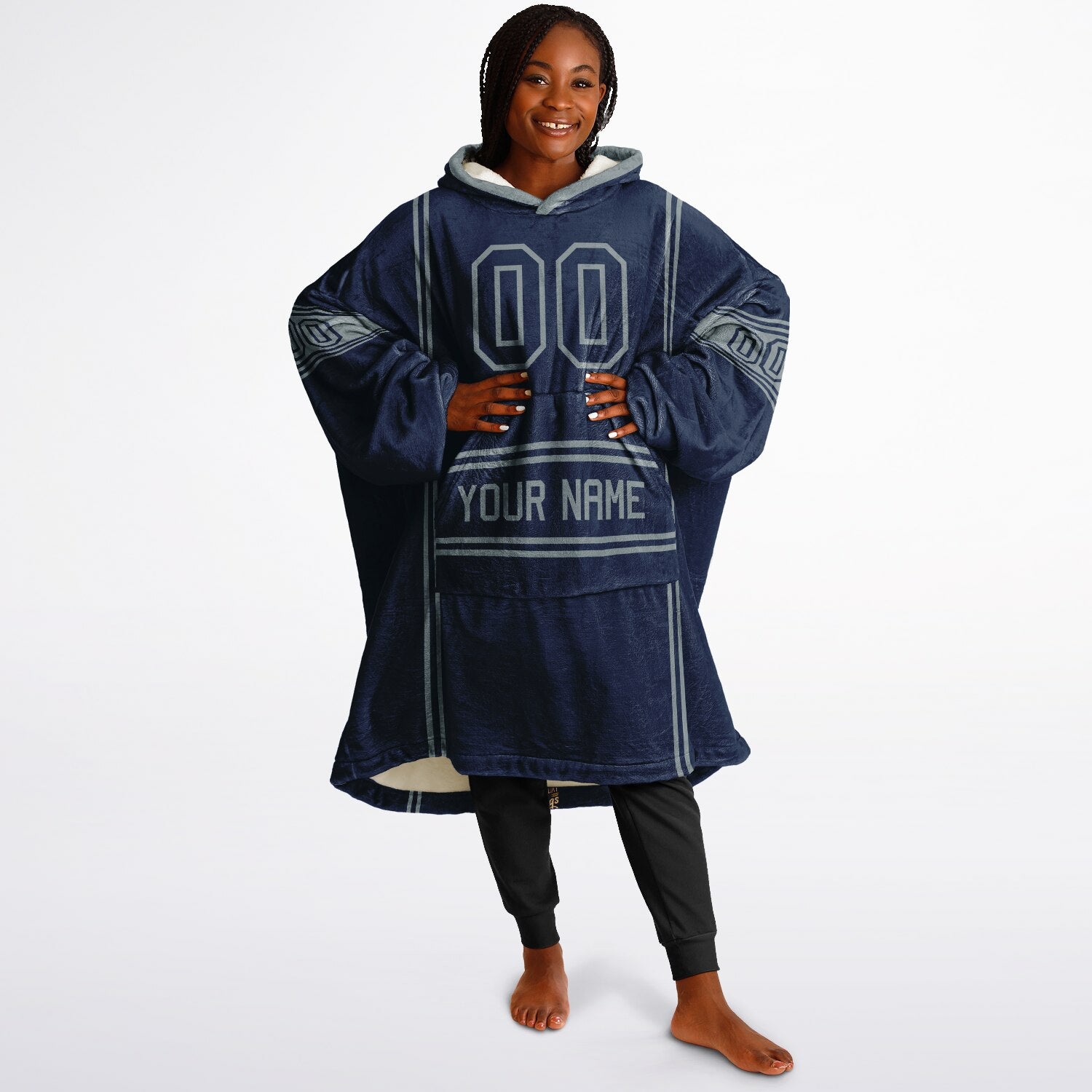 Navy and silver lineup snug hoodie featuring sleek line-art details and minimalist team-inspired design.