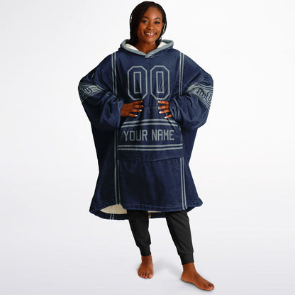 Navy and silver lineup snug hoodie featuring sleek line-art details and minimalist team-inspired design.