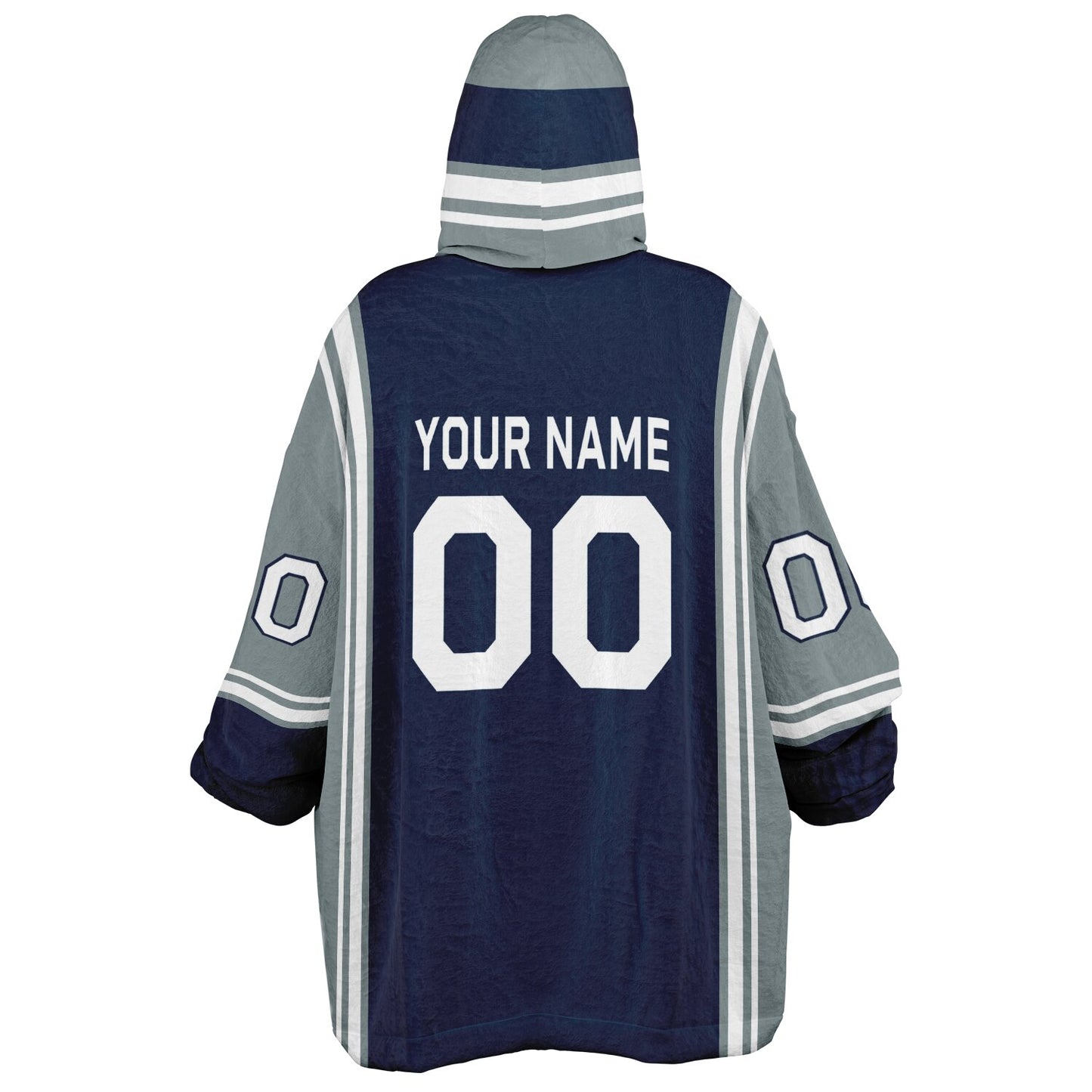 Navy, silver, and white bold snug hoodie with triple color blocking and a sporty aesthetic.