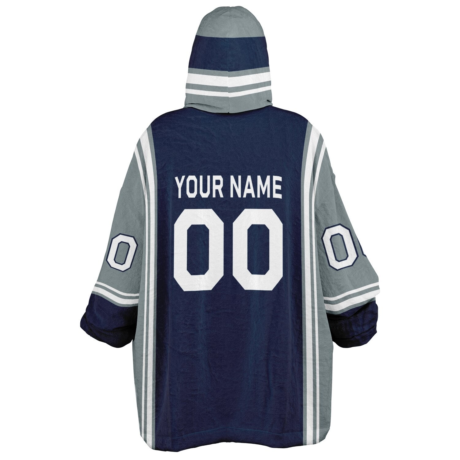 Navy, silver, and white bold snug hoodie with triple color blocking and a sporty aesthetic.