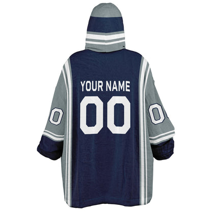 Navy, silver, and white bold snug hoodie with triple color blocking and a sporty aesthetic.