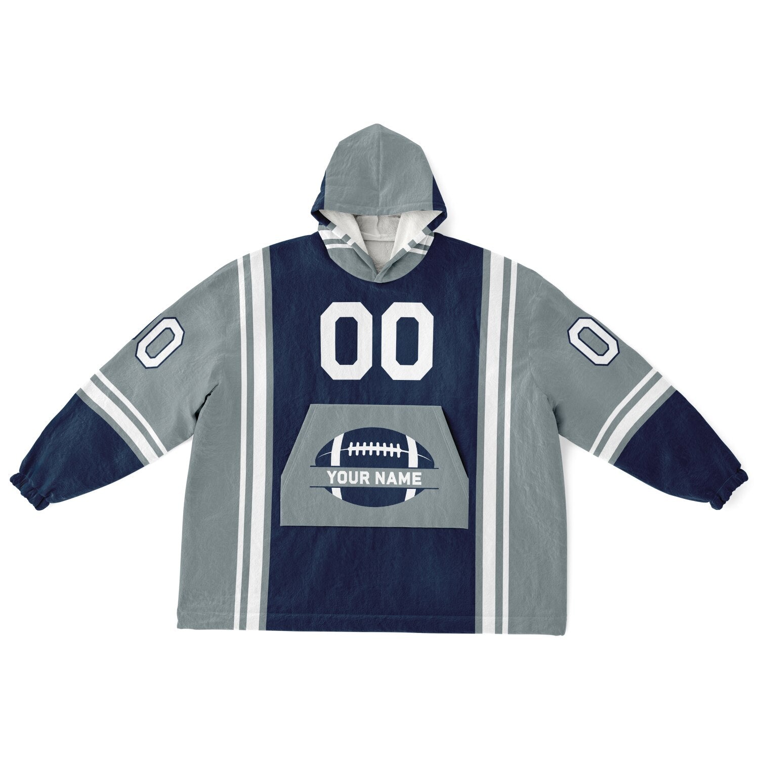 Navy, silver, and white bold snug hoodie with triple color blocking and a sporty aesthetic.