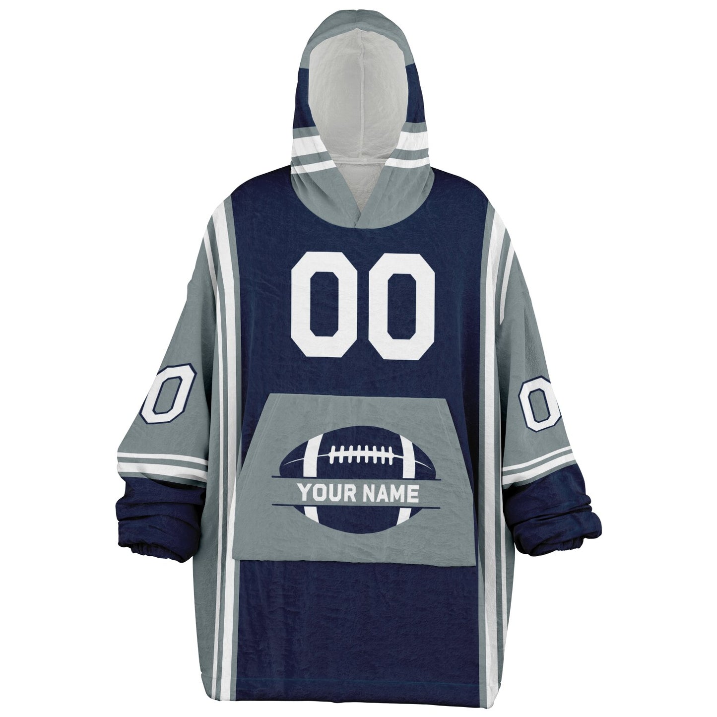 Navy, silver, and white bold snug hoodie with triple color blocking and a sporty aesthetic.