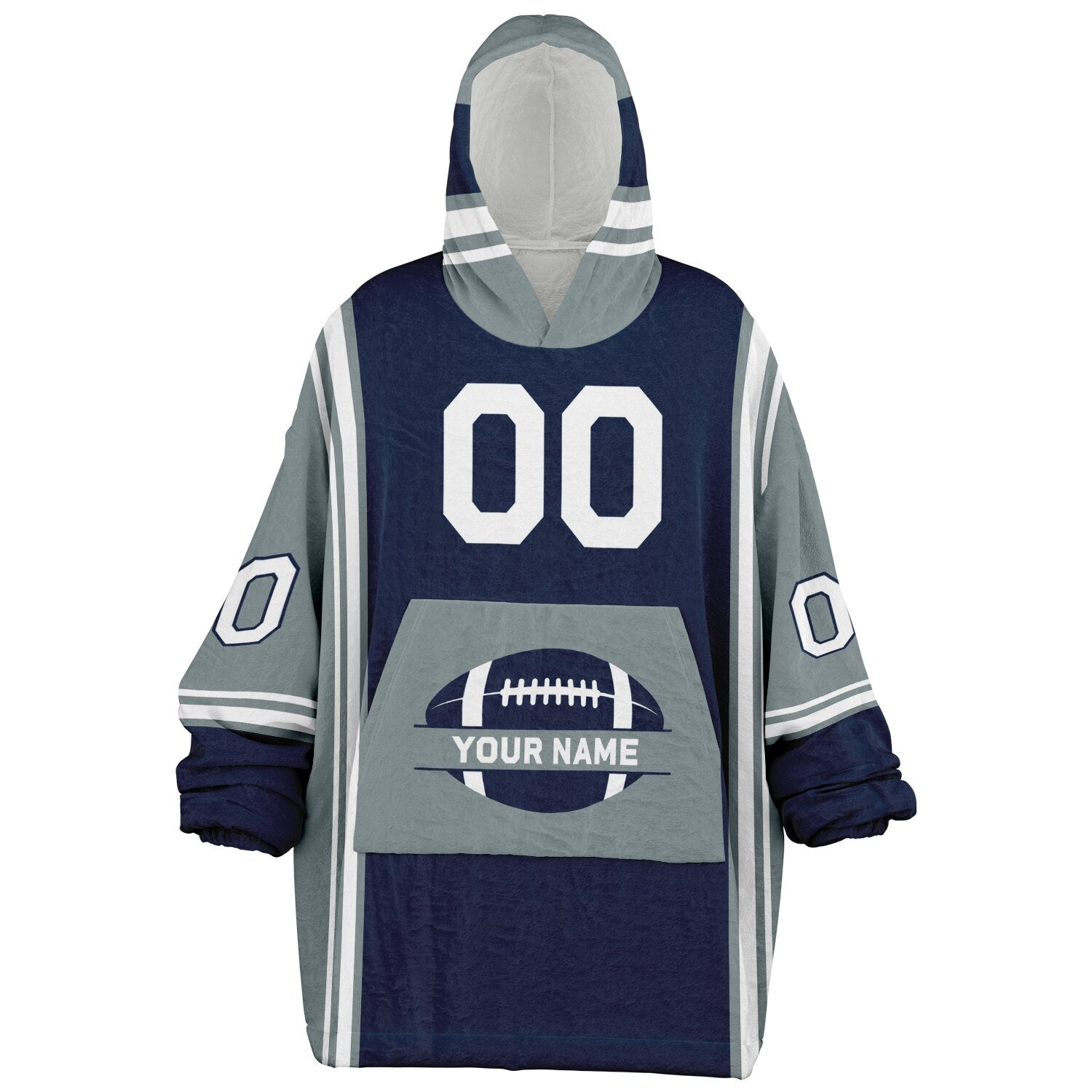 Navy, silver, and white bold snug hoodie with triple color blocking and a sporty aesthetic.