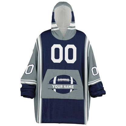 Navy, silver, and white bold snug hoodie with triple color blocking and a sporty aesthetic.