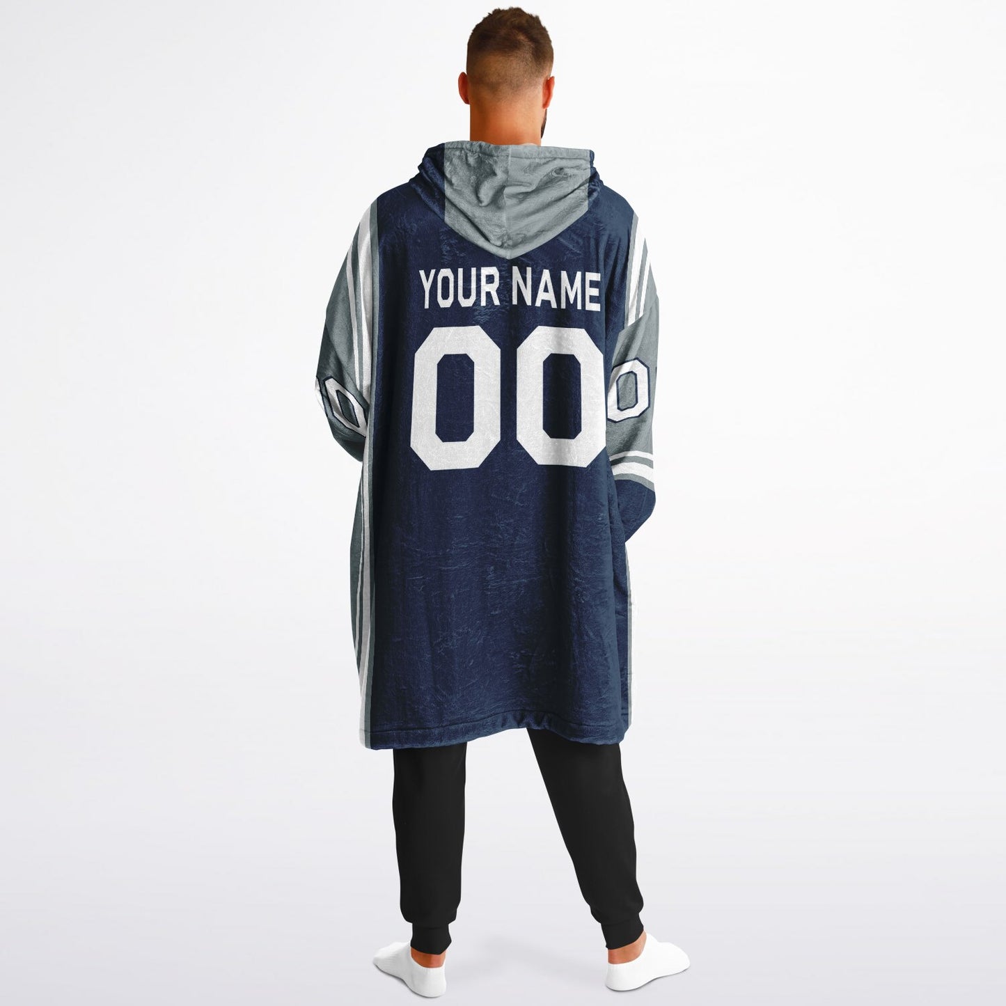 Navy, silver, and white bold snug hoodie with triple color blocking and a sporty aesthetic.