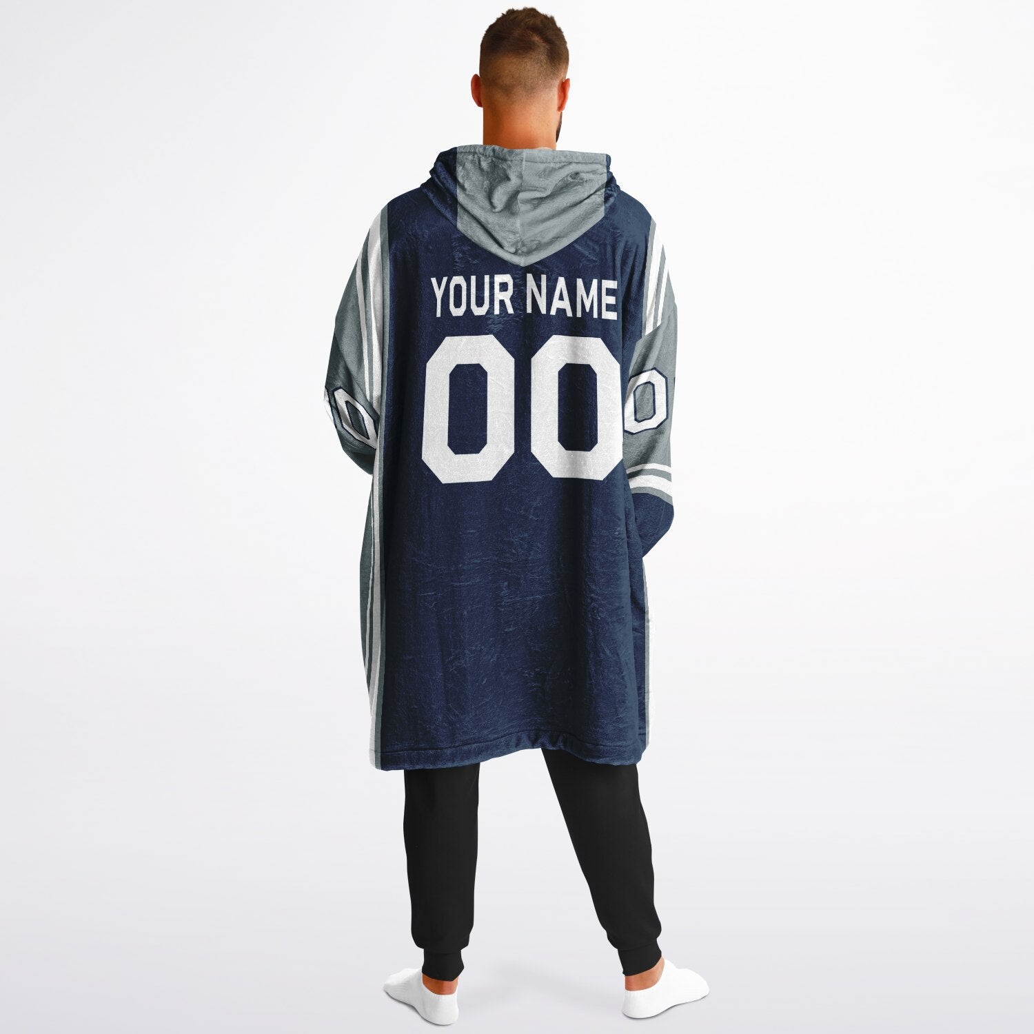 Navy, silver, and white bold snug hoodie with triple color blocking and a sporty aesthetic.