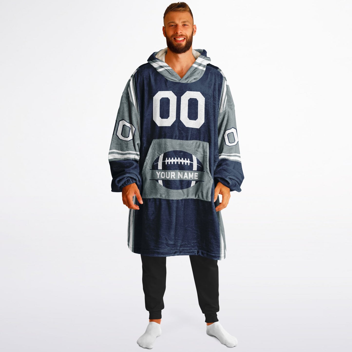 Navy, silver, and white bold snug hoodie with triple color blocking and a sporty aesthetic.