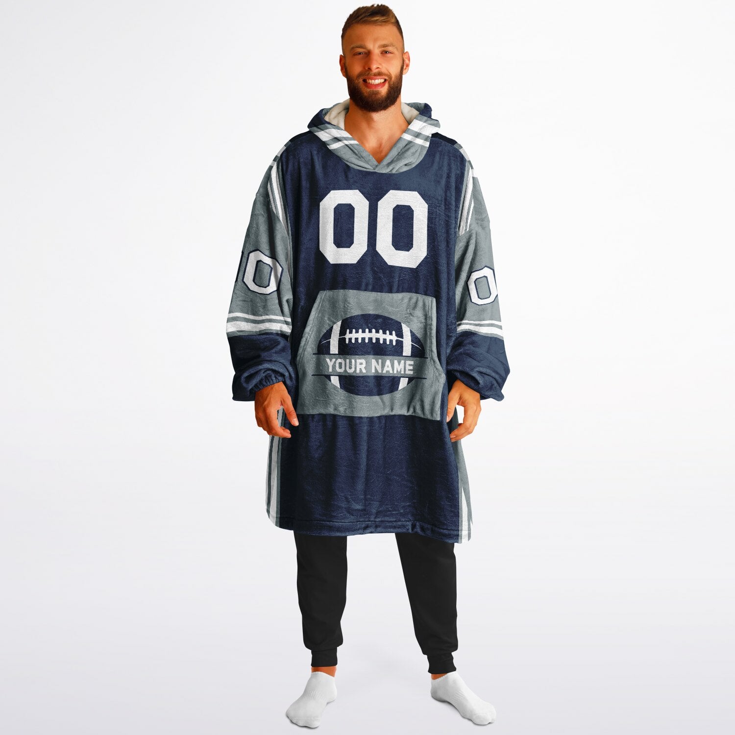 Navy, silver, and white bold snug hoodie with triple color blocking and a sporty aesthetic.