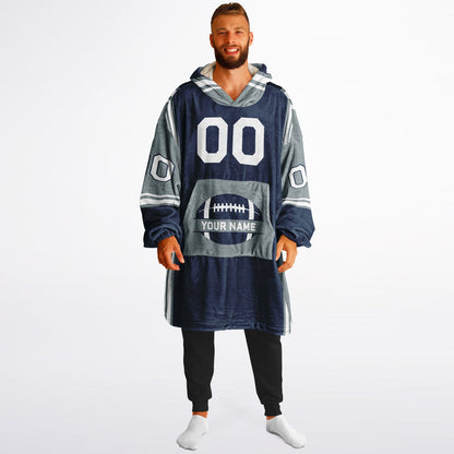 Navy, silver, and white bold snug hoodie with triple color blocking and a sporty aesthetic.