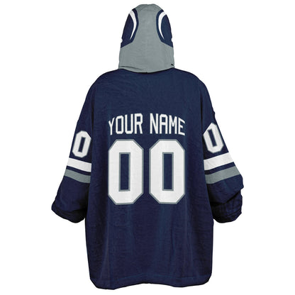Navy, silver, and white classic snug hoodie featuring authentic jersey striping and personalized number details.