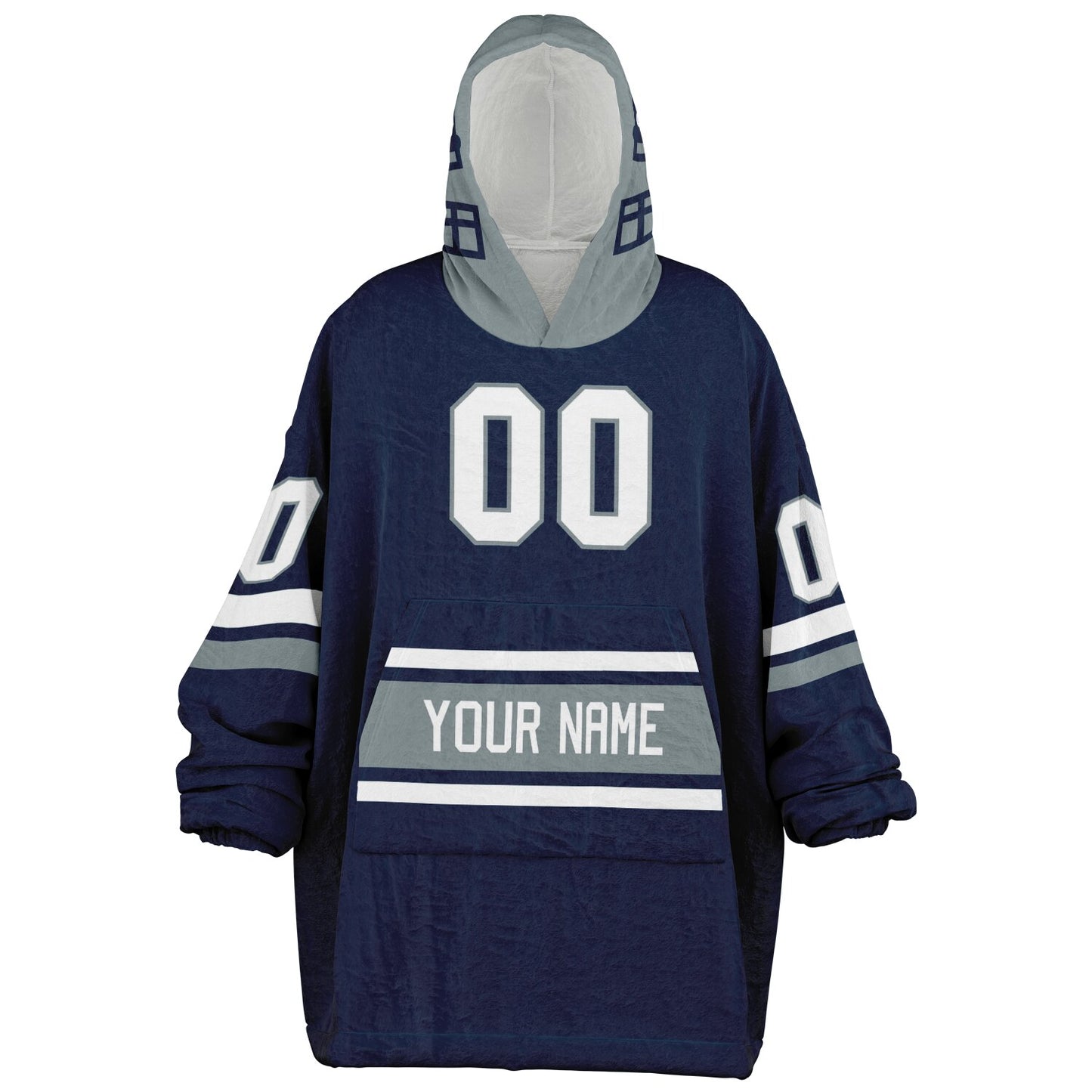 Navy, silver, and white classic snug hoodie featuring authentic jersey striping and personalized number details.