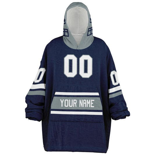 Navy, silver, and white classic snug hoodie featuring authentic jersey striping and personalized number details.
