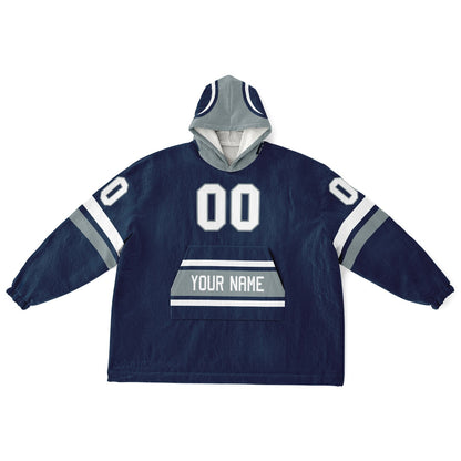 Navy, silver, and white classic snug hoodie featuring authentic jersey striping and personalized number details.