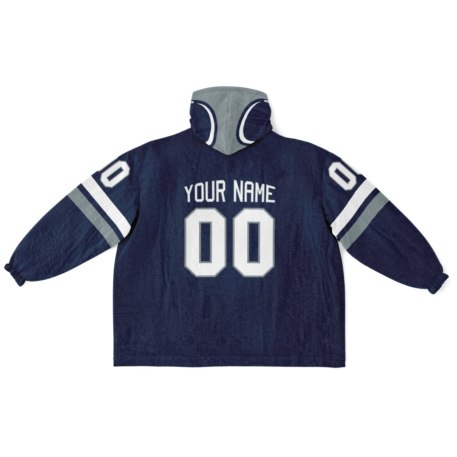 Navy, silver, and white classic snug hoodie featuring authentic jersey striping and personalized number details.