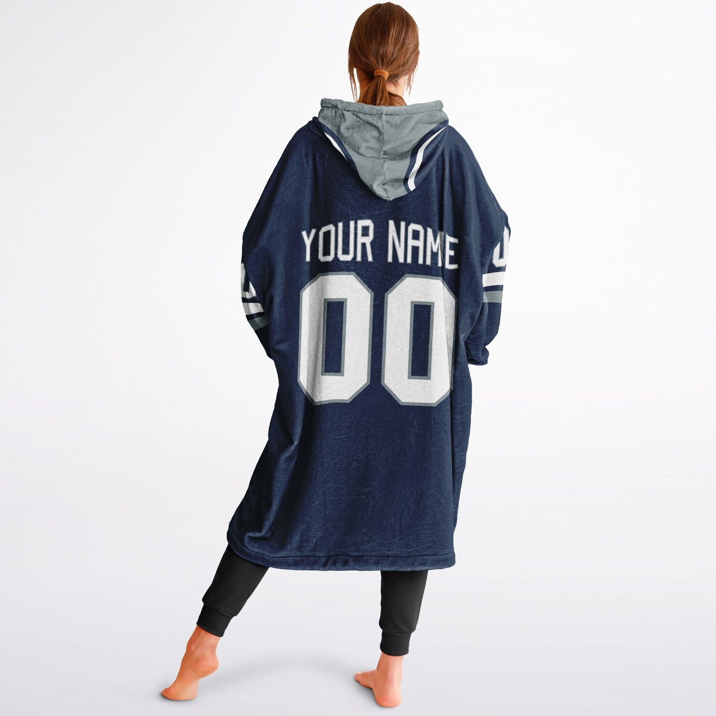 Navy, silver, and white classic snug hoodie featuring authentic jersey striping and personalized number details.