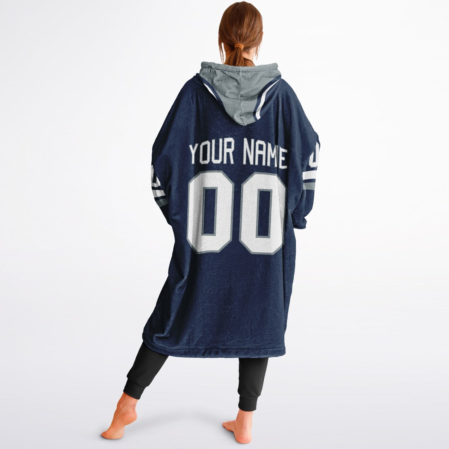 Navy, silver, and white classic snug hoodie featuring authentic jersey striping and personalized number details.