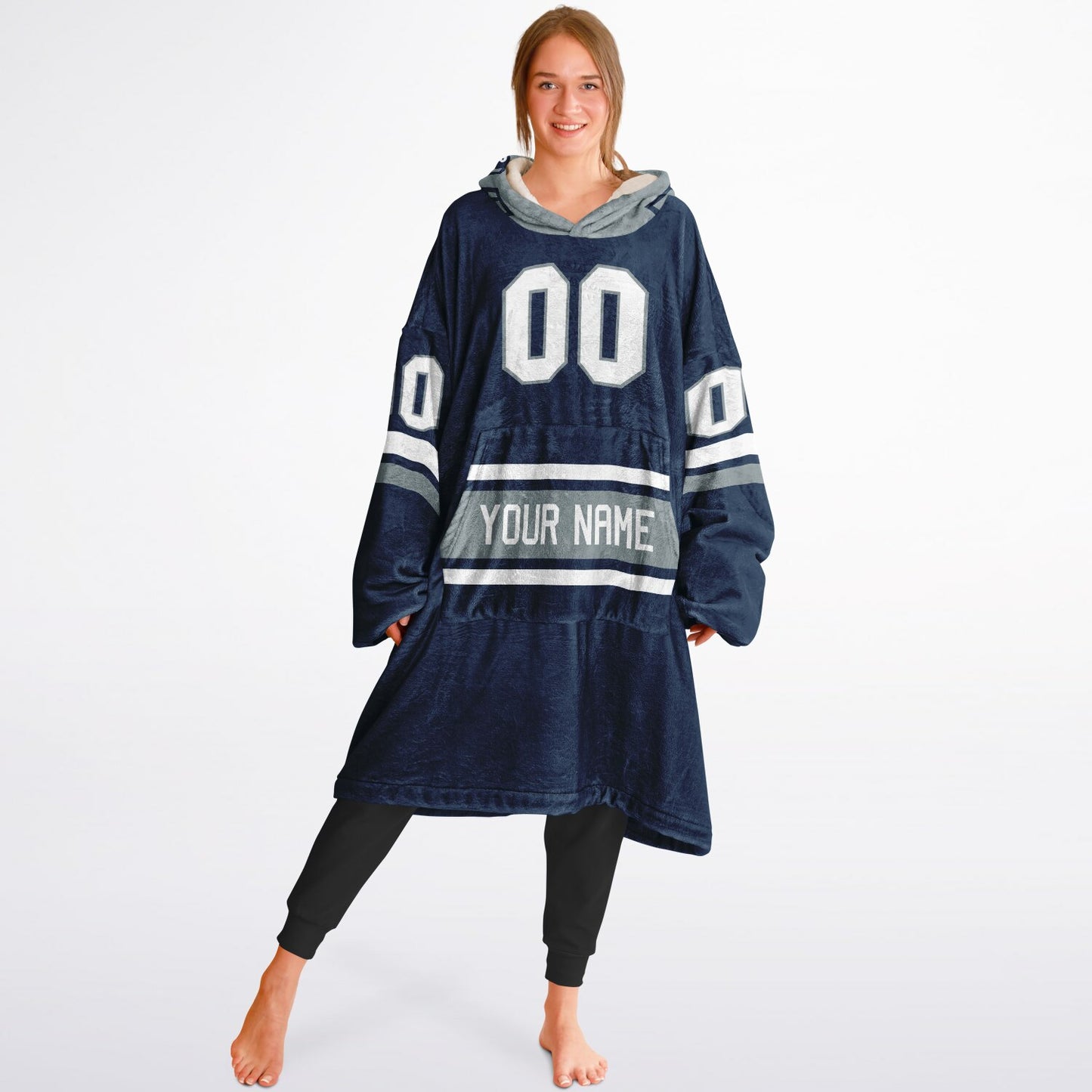 Navy, silver, and white classic snug hoodie featuring authentic jersey striping and personalized number details.