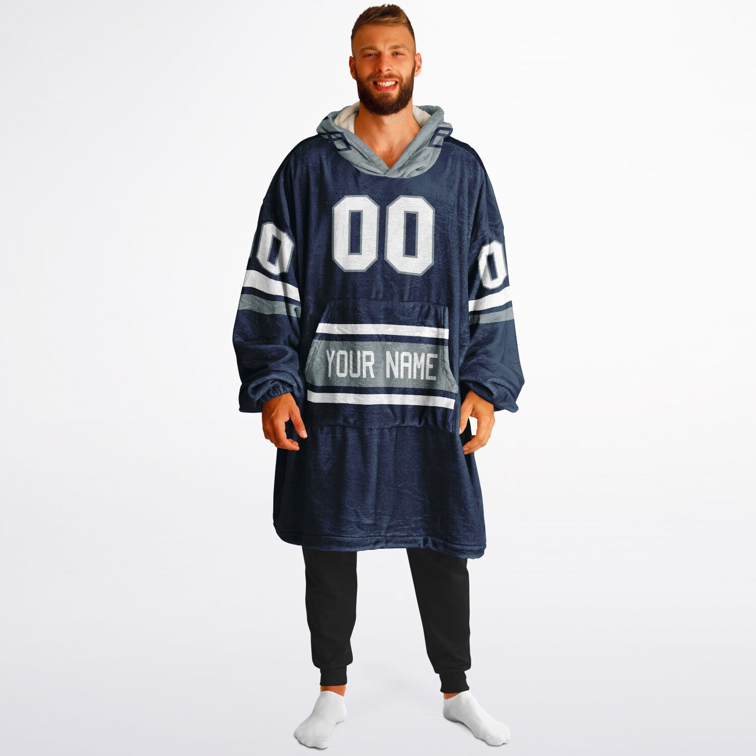 Navy, silver, and white classic snug hoodie featuring authentic jersey striping and personalized number details.