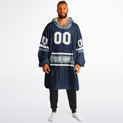 Navy, silver, and white classic snug hoodie featuring authentic jersey striping and personalized number details.