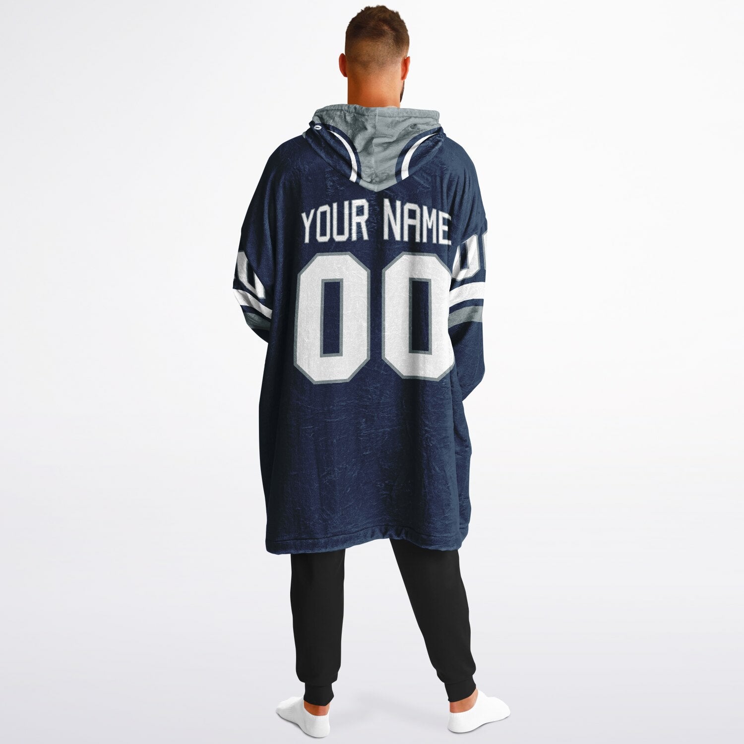 Navy, silver, and white classic snug hoodie featuring authentic jersey striping and personalized number details.
