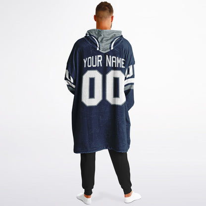 Navy, silver, and white classic snug hoodie featuring authentic jersey striping and personalized number details.