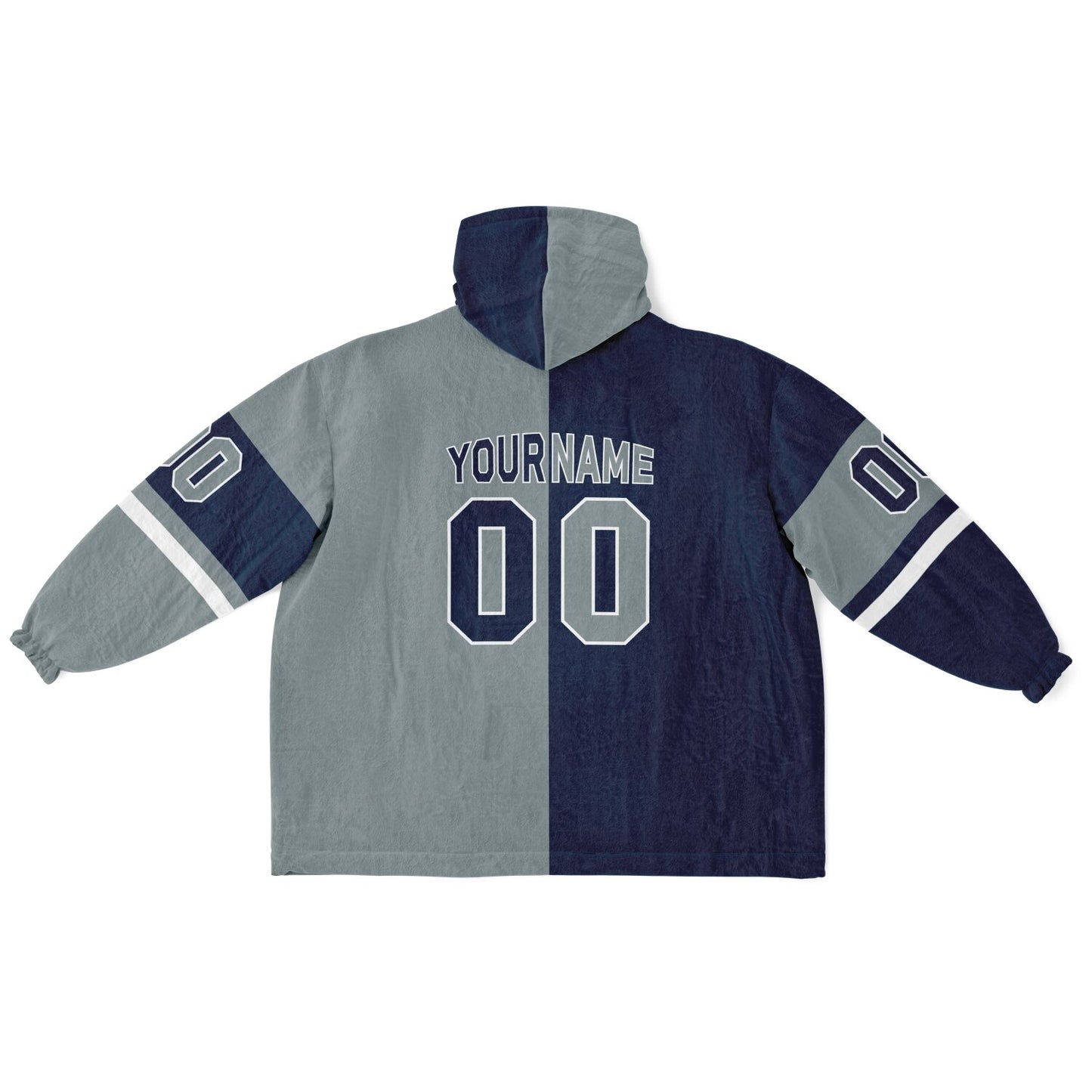 Navy, silver, and white halftime snug hoodie with three-tone split design and cozy fleece texture.