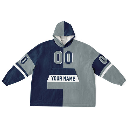 Navy, silver, and white halftime snug hoodie with three-tone split design and cozy fleece texture.