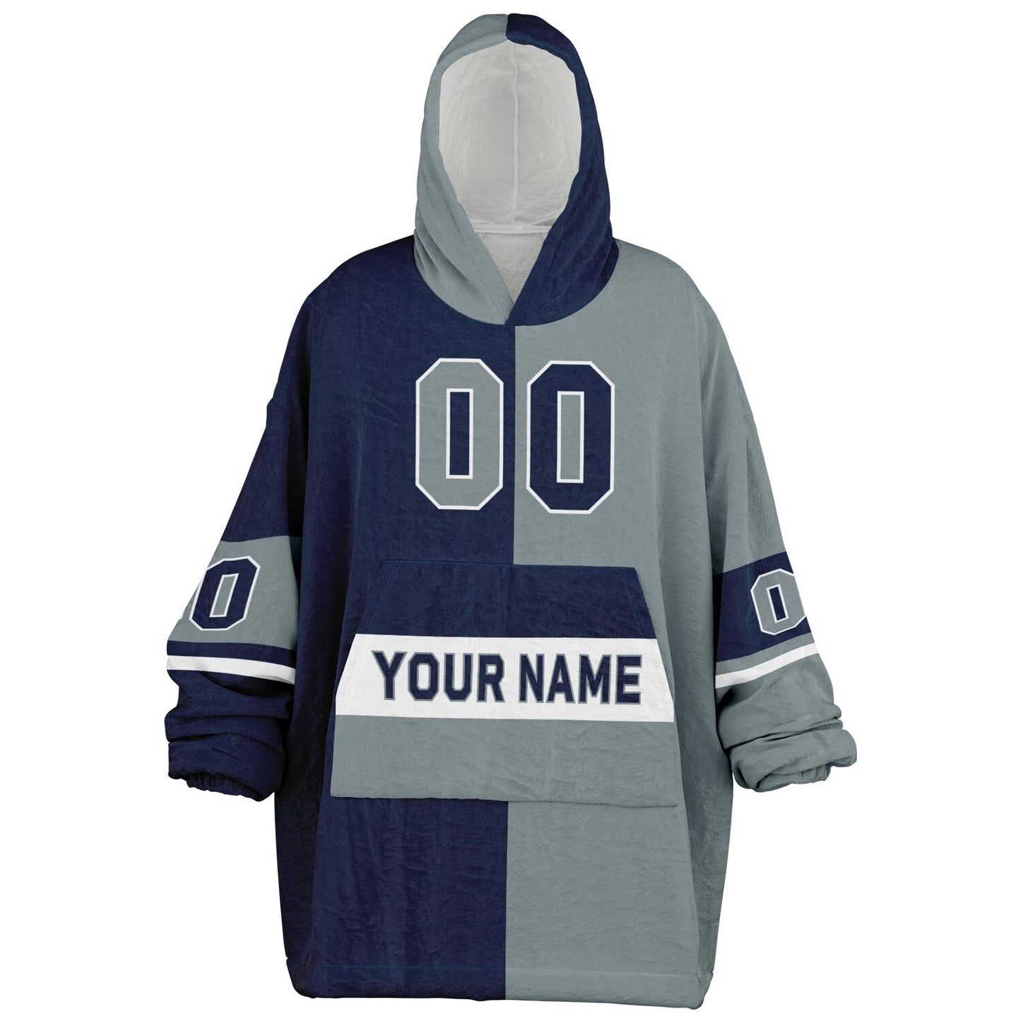 Navy, silver, and white halftime snug hoodie with three-tone split design and cozy fleece texture.