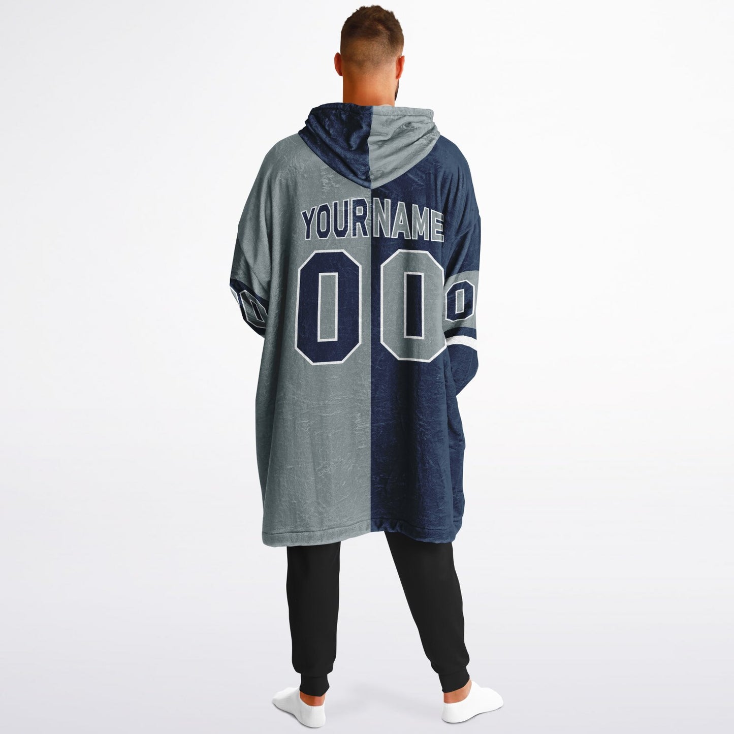 Navy, silver, and white halftime snug hoodie with three-tone split design and cozy fleece texture.