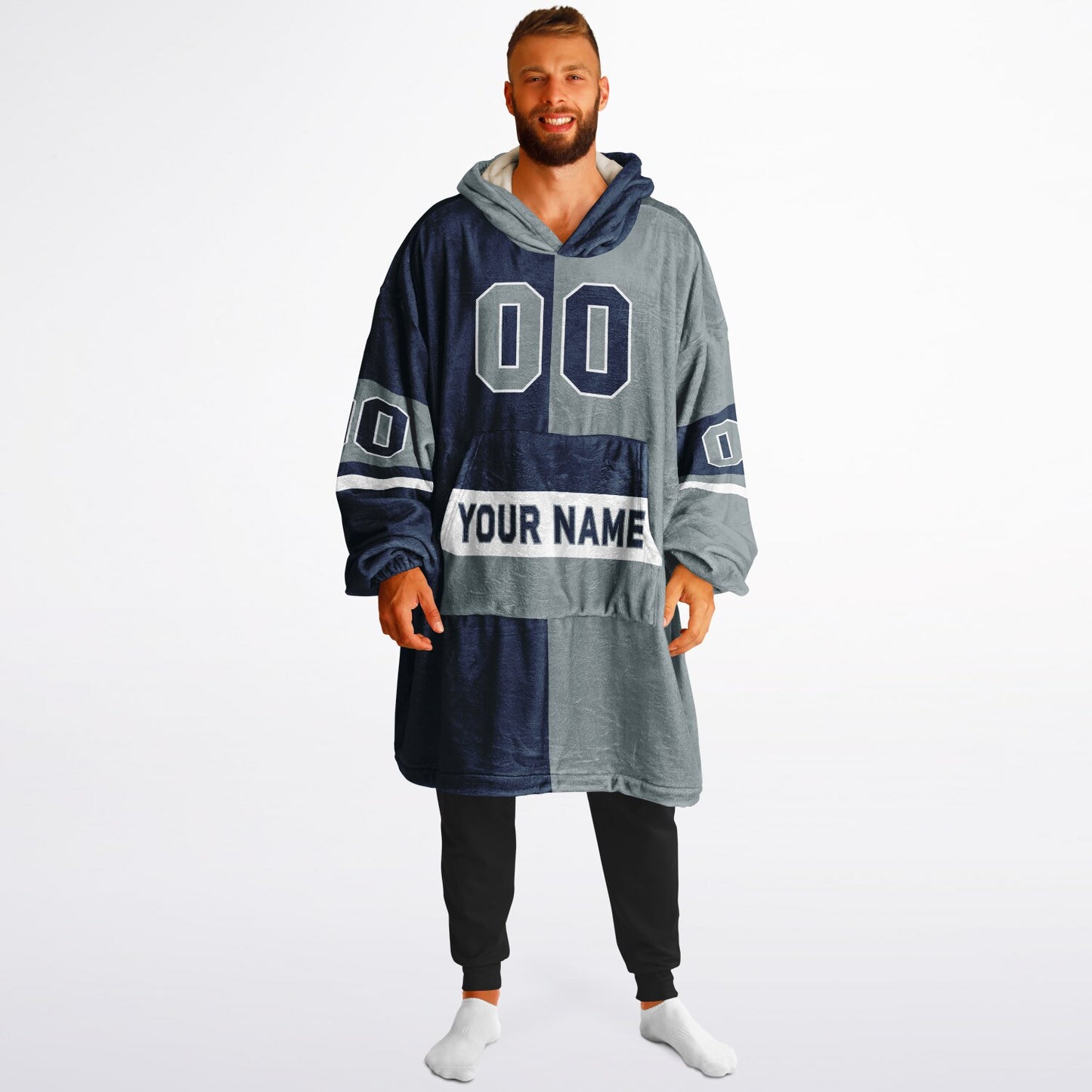 Navy, silver, and white halftime snug hoodie with three-tone split design and cozy fleece texture.