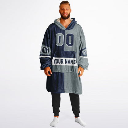 Navy, silver, and white halftime snug hoodie with three-tone split design and cozy fleece texture.