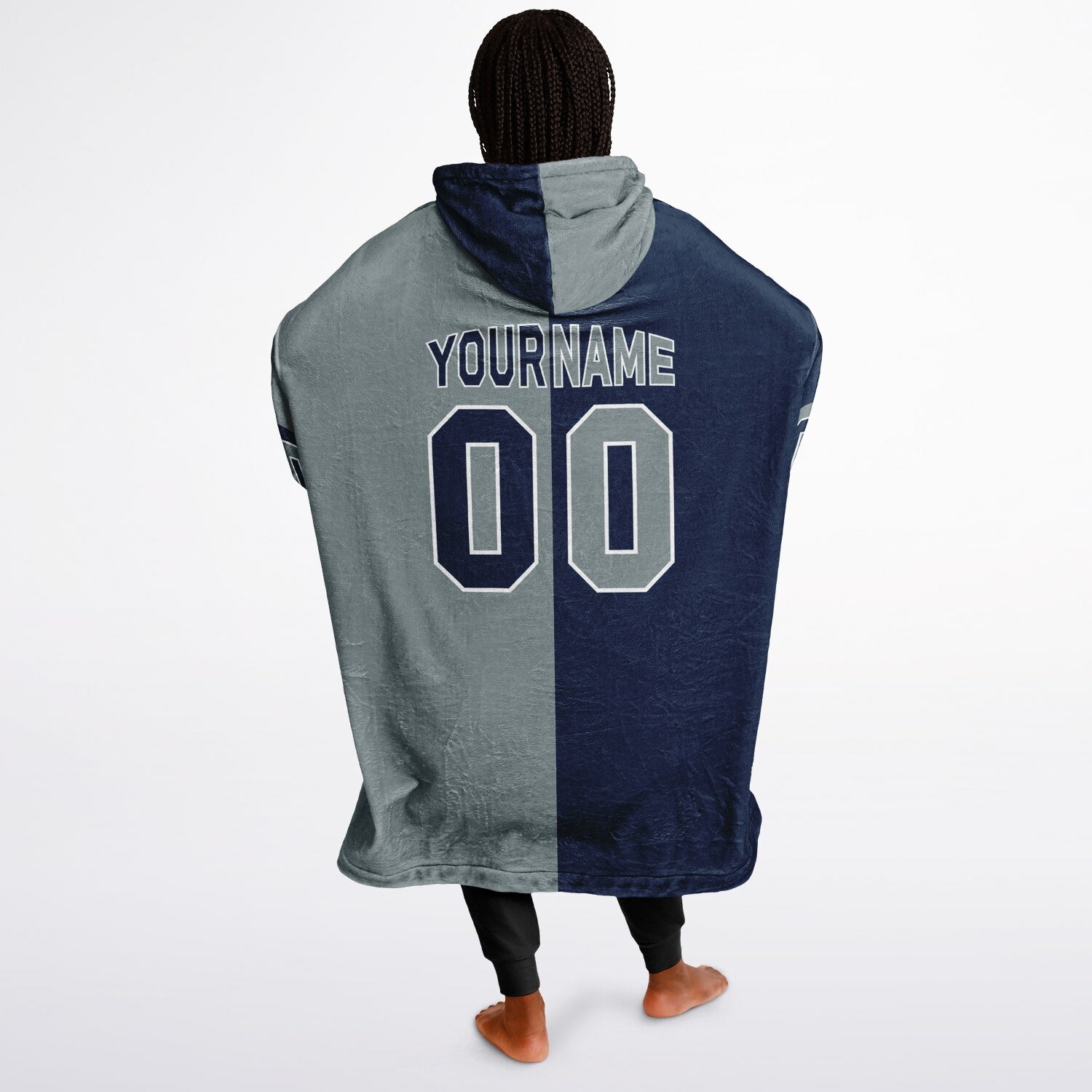 Navy, silver, and white halftime snug hoodie with three-tone split design and cozy fleece texture.