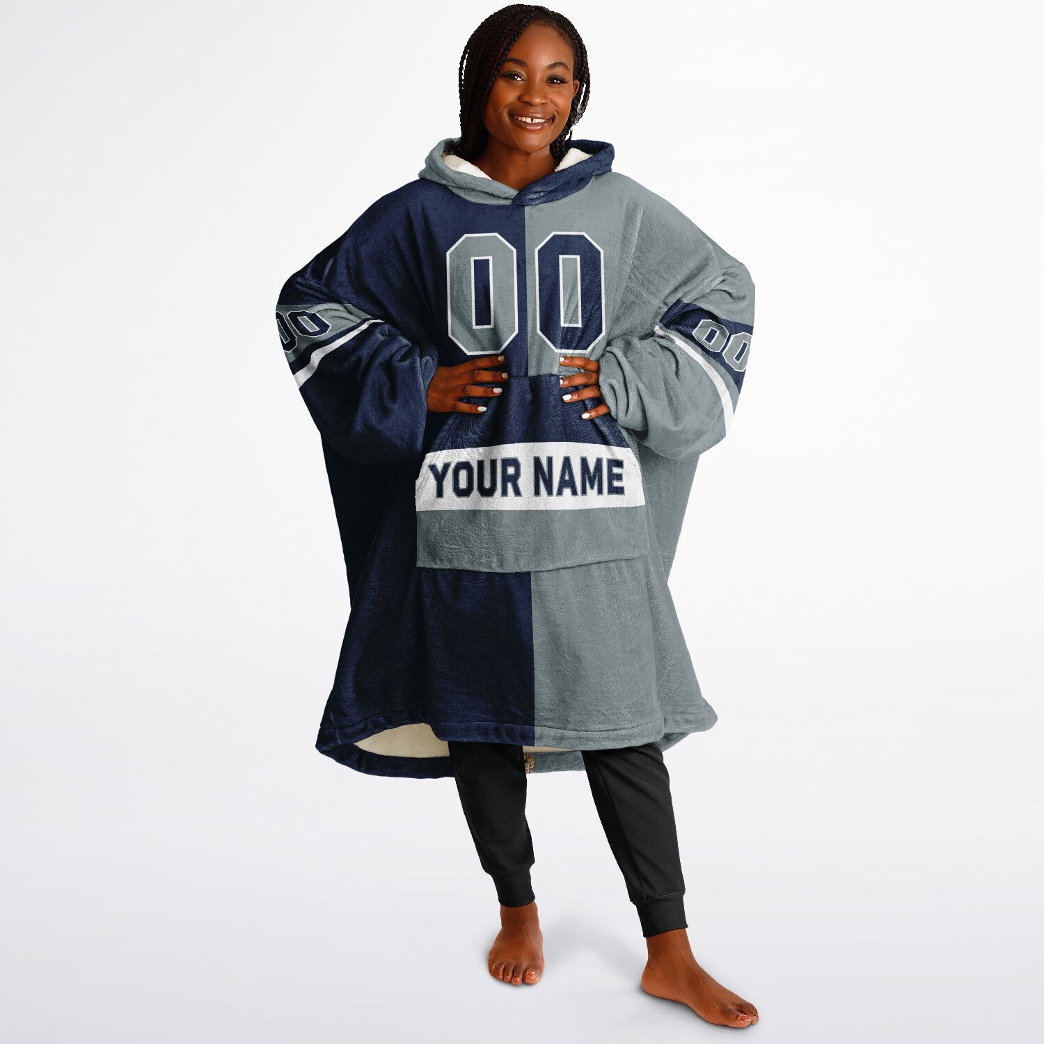 Navy, silver, and white halftime snug hoodie with three-tone split design and cozy fleece texture.