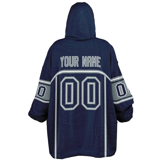 Navy, silver, and white lineup snug hoodie with clean line work and subtle jersey influence.
