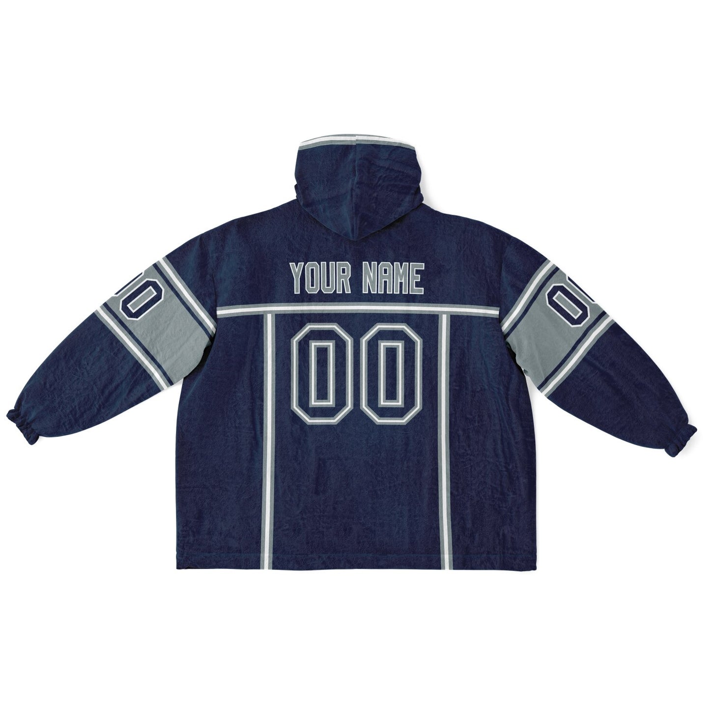 Navy, silver, and white lineup snug hoodie with clean line work and subtle jersey influence.