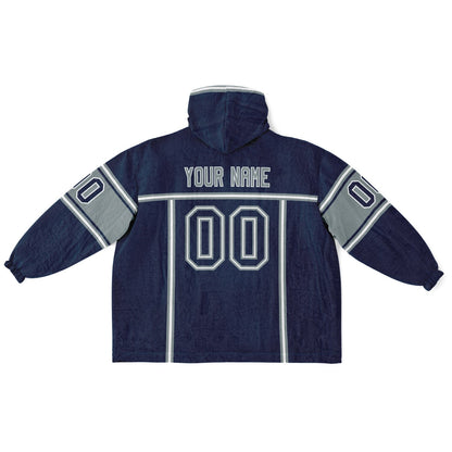 Navy, silver, and white lineup snug hoodie with clean line work and subtle jersey influence.