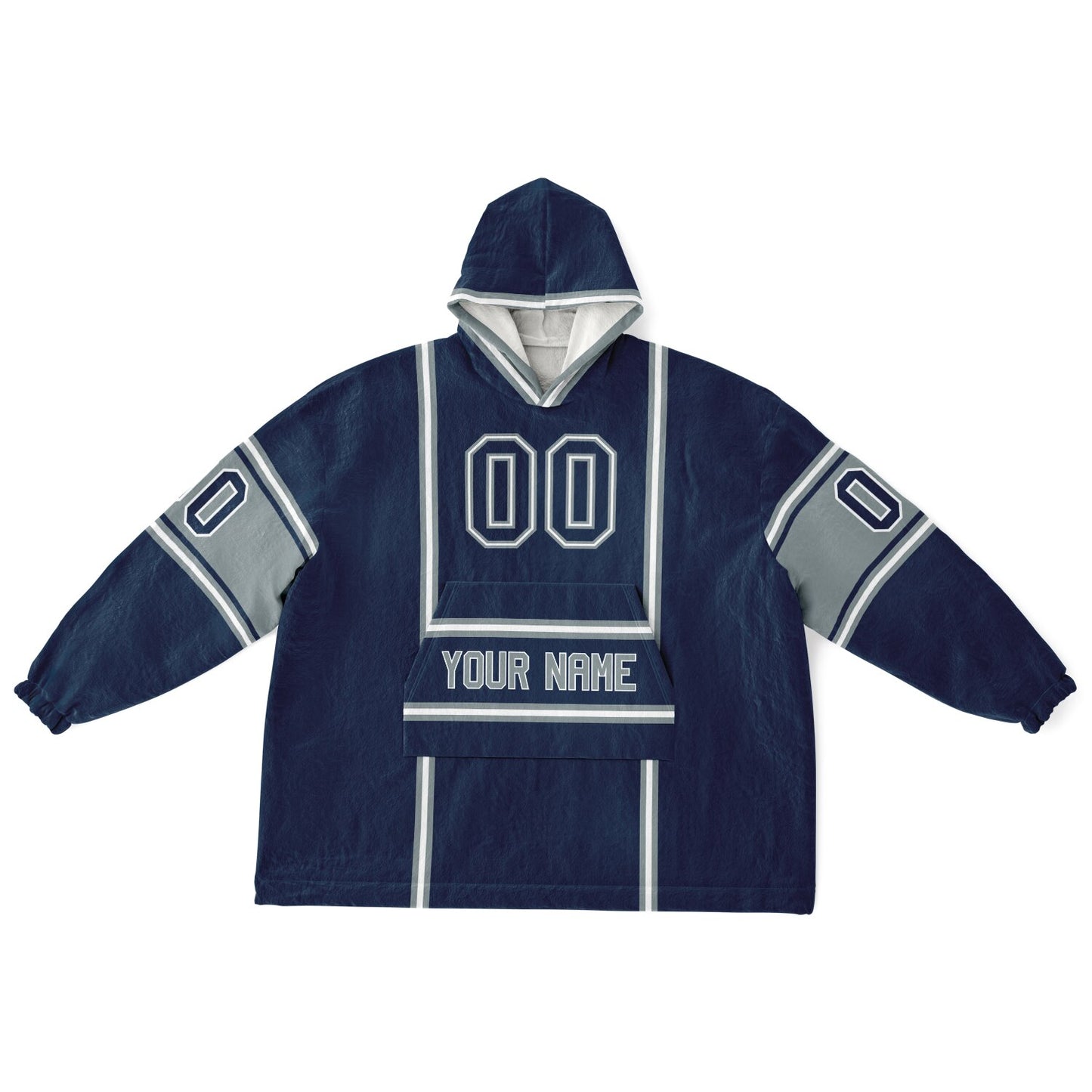 Navy, silver, and white lineup snug hoodie with clean line work and subtle jersey influence.