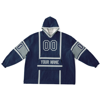 Navy, silver, and white lineup snug hoodie with clean line work and subtle jersey influence.