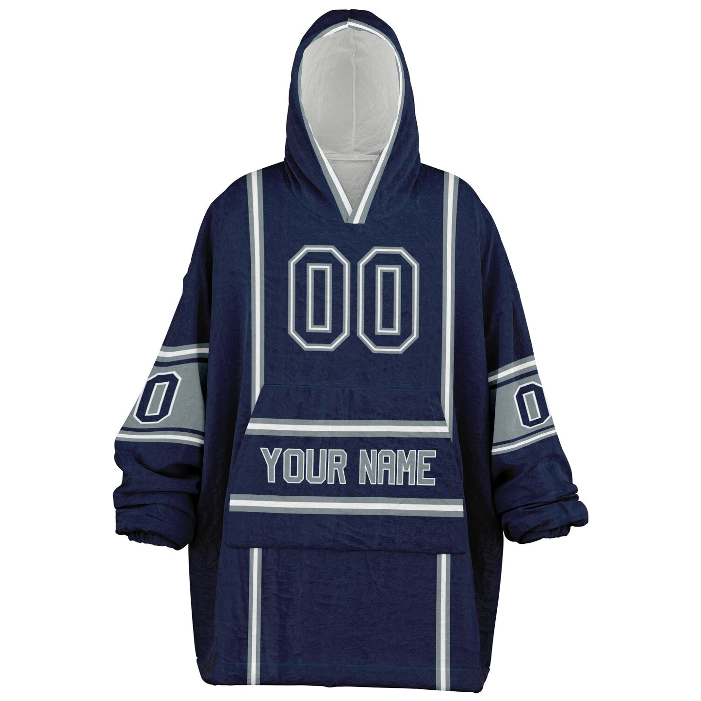 Navy, silver, and white lineup snug hoodie with clean line work and subtle jersey influence.