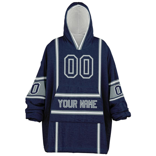 Navy, silver, and white lineup snug hoodie with clean line work and subtle jersey influence.