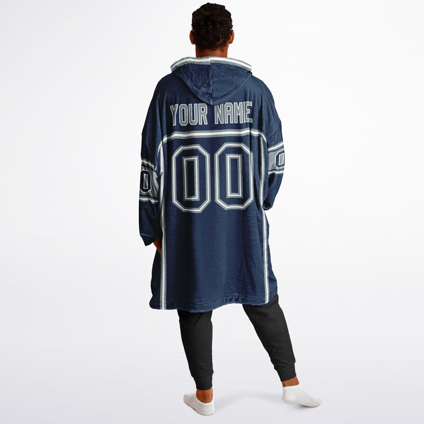 Navy, silver, and white lineup snug hoodie with clean line work and subtle jersey influence.